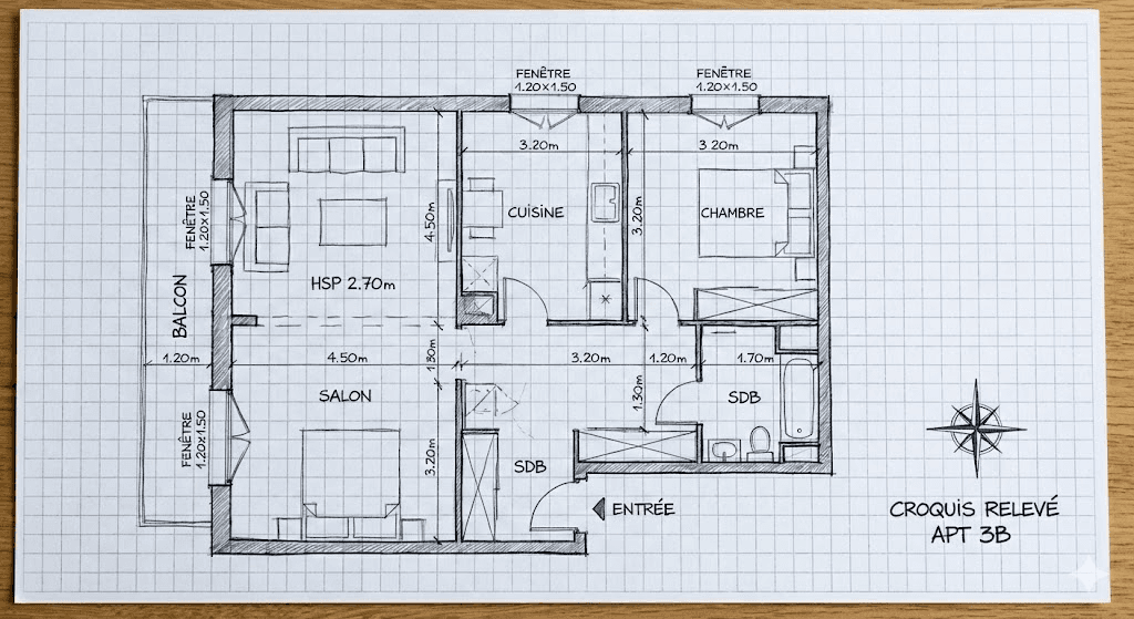 Croquis relevé d'un appartement (APT 3B) avec plan détaillé montrant les dimensions, les pièces (salon, cuisine, chambre, SDB), les fenêtres et les mesures en mètres