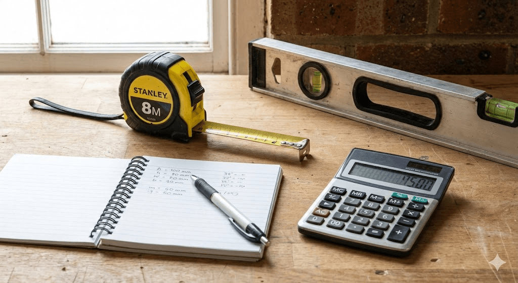 Matériel nécessaire pour prendre des mesures : mètre ruban Stanley 8m, niveau à bulle, carnet avec notes, calculatrice