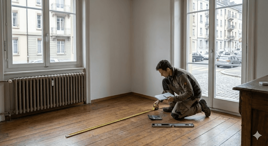 Homme prenant les mesures de longueur et largeur d'une pièce avec un mètre ruban, carnet et calculatrice