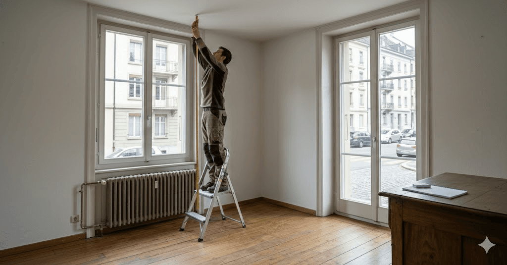 Homme debout sur un escabeau mesurant la hauteur sous plafond avec un mètre ruban jaune