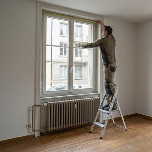 Homme debout sur un escabeau mesurant la largeur d'une fenêtre avec un mètre ruban